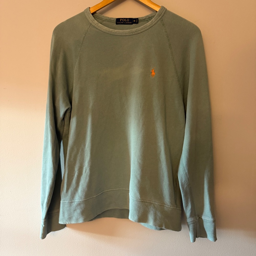 Polo Ralph Lauren Mens Sage Green Raglan Crewneck Sweatshirt Orange Pony Size M